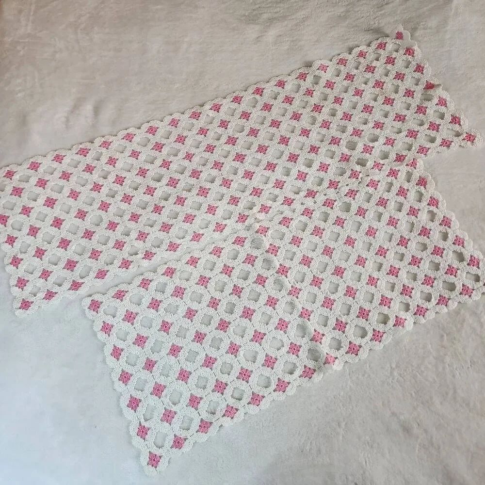 Vintage Handmade Set Of 2 Crocheted Pink and White Table Runners